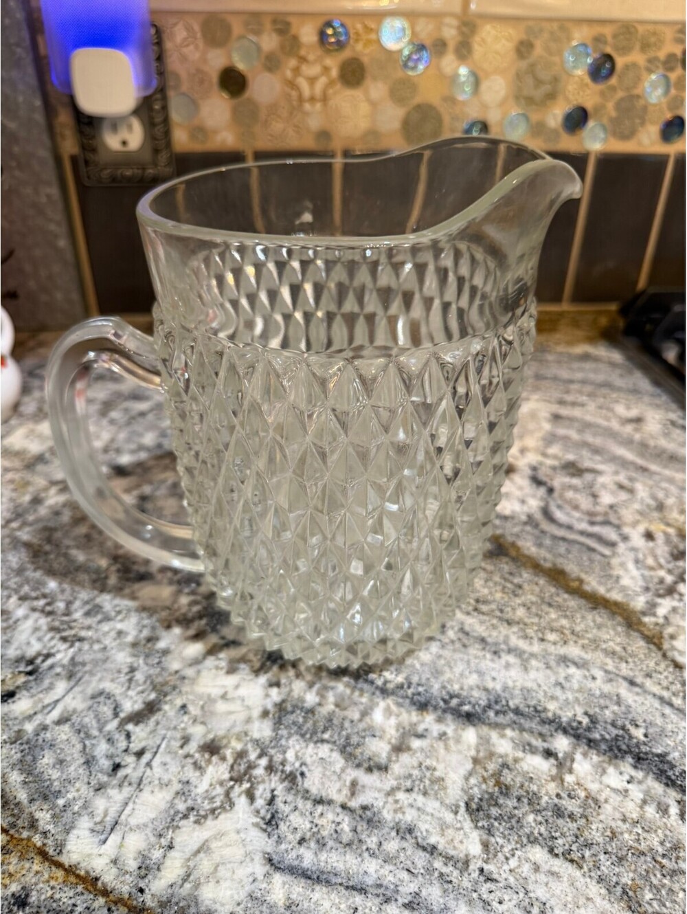 Vintage Clear Glass Pitcher with Textured Diamond Pattern
